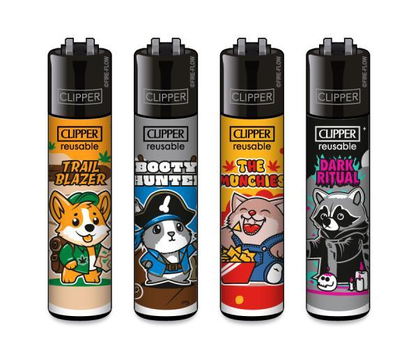 Clipper CLASSIC Large – Trip Buddies 4er Set mit Trail Blazer, Booty Hunter, The Munchies und Dark Ritual; nachfüllbar, Softflame, Stopfhilfe.